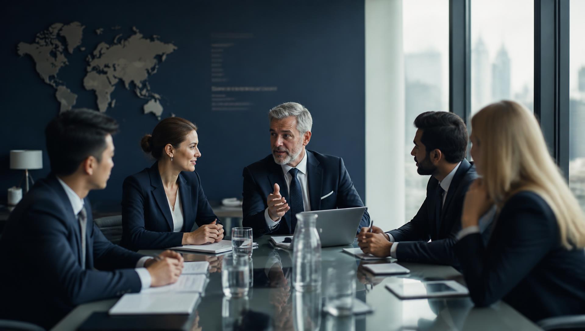 International business professionals collaborating in a modern boardroom